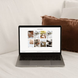 Macbook Pro on sofa with moodboard and color palette template